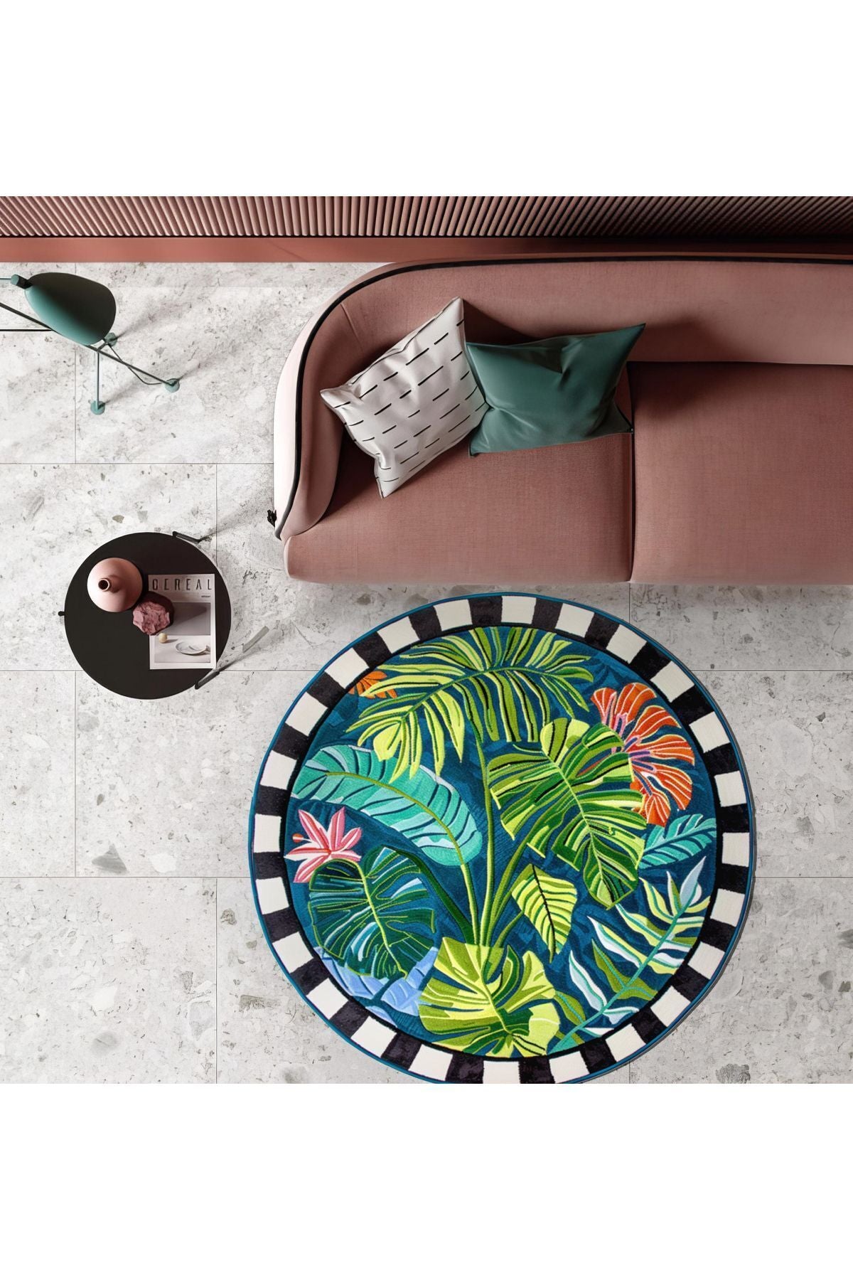 Halı Vagonu 164 Tropikal Yeşil Canlı Renkli Dama Desenli Dokuma Taban Yuvarlak Halı