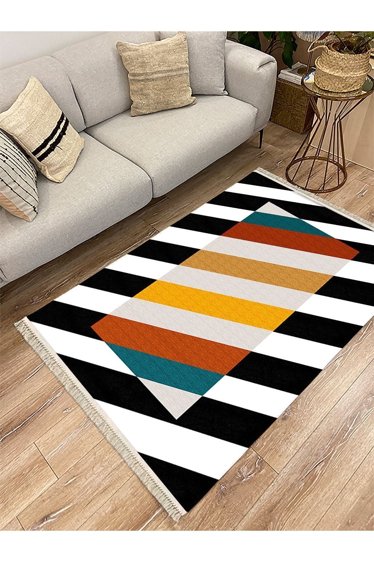 Cotton Serisi Siyah Beyaz Ve Multy Tonlarında Yatay Çizgili Dekoratif Dokuma Taban Kilim