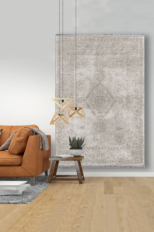 Halı Vagonu 2028 Bej Renkli Klasik Desenli Yıkanabilir Kaymaz Salon Halısı, Koridor Ve Mutfak Halısı