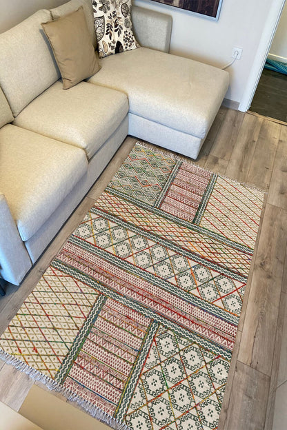 Cotton Kilim 29 Çok Renkli Geleneksel Motif Çizgili Desenli Dekoratif Yıkanabilen Dokuma Taban Kilim