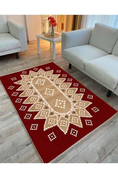 Halı Vagonu107 Kırmızı Tonlarında Klasık Dekoratif Kilim Salon Halısı Saçaklı Yıkanabilen Halı