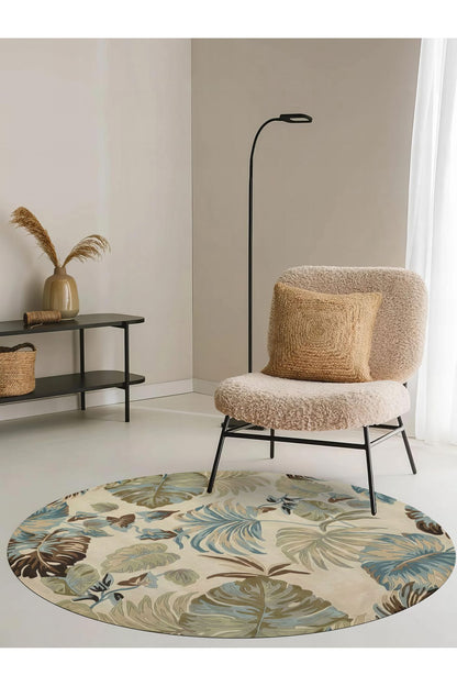 Halı Vagonu 154 Pastel Tonlar Çiçekli Floral Çok Renkli Dokuma Taban Yuvarlak Halı