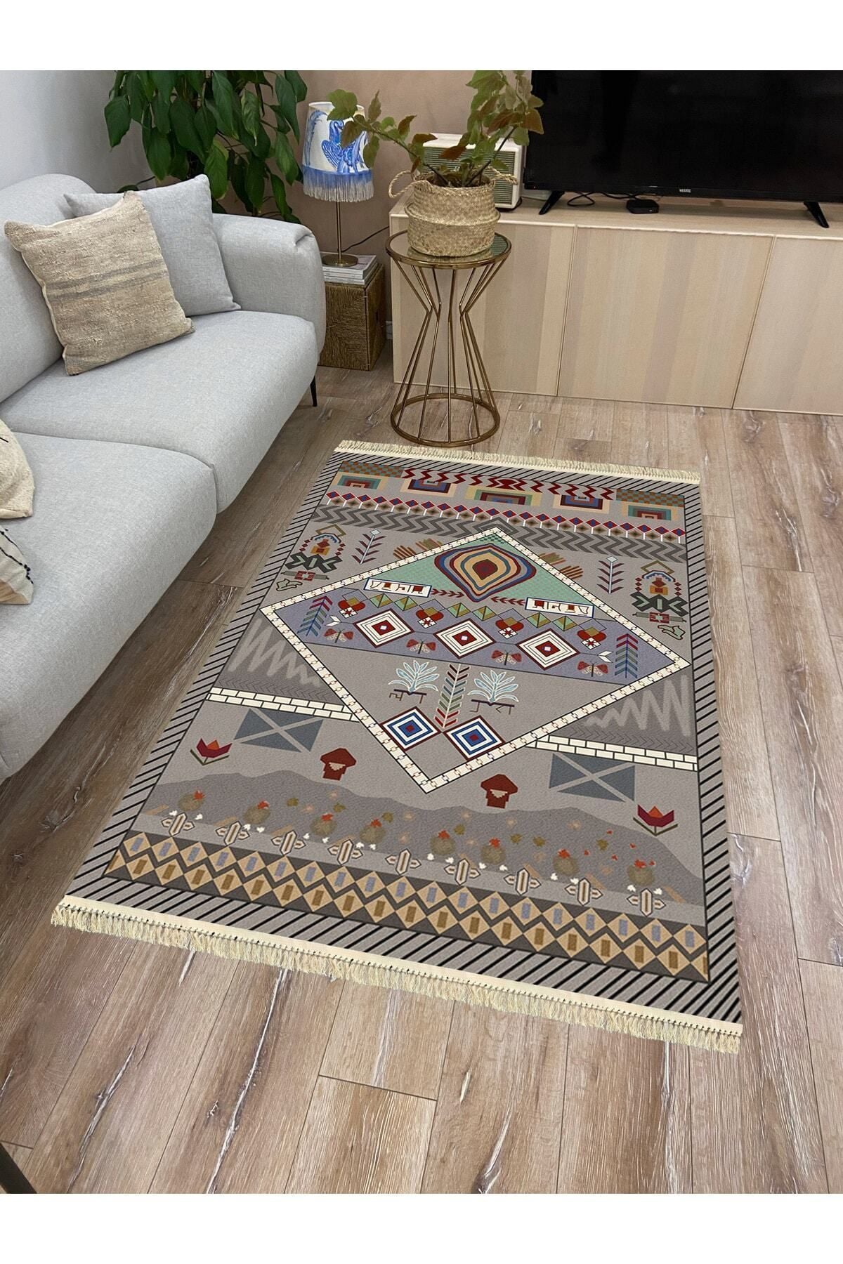 Cotton Serisi Eski Çağ Motifli Eskitme Otantik Desen Dekoratif Dokuma Taban Kilim