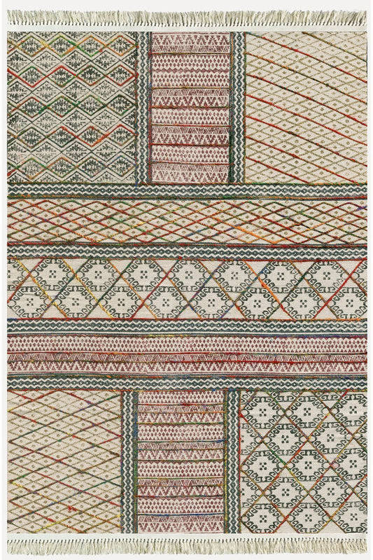 Cotton Kilim 29 Çok Renkli Geleneksel Motif Çizgili Desenli Dekoratif Yıkanabilen Dokuma Taban Kilim