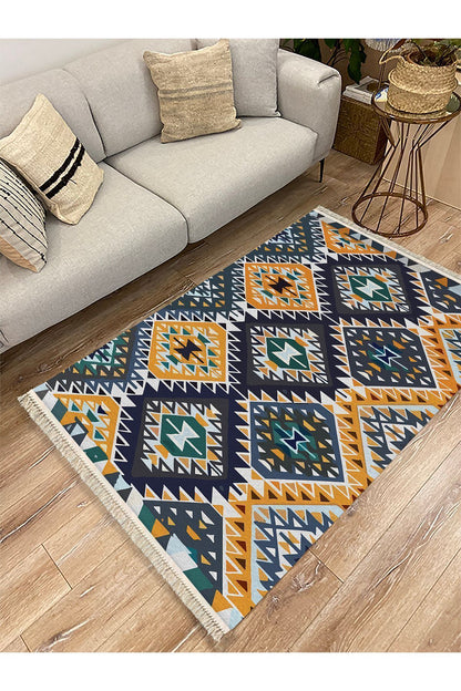 Cotton kilim Hardal Tonunda Geometrik Desenli Dekoratif Yıkanabilen Dokuma Taban Kilim