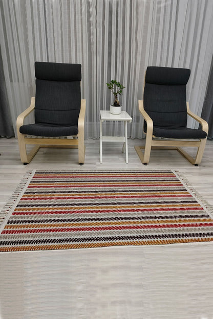 Cotton Serisi Multy Tonlar Çizgi Desenli Dekoratif Dokuma Taban Kilim
