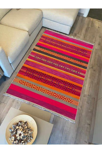 Cotton Kilim 8 Fuşya Multy Tonunda Geometrik Desenli Dekoratif Yıkanabilen Dokuma Taban Kilim