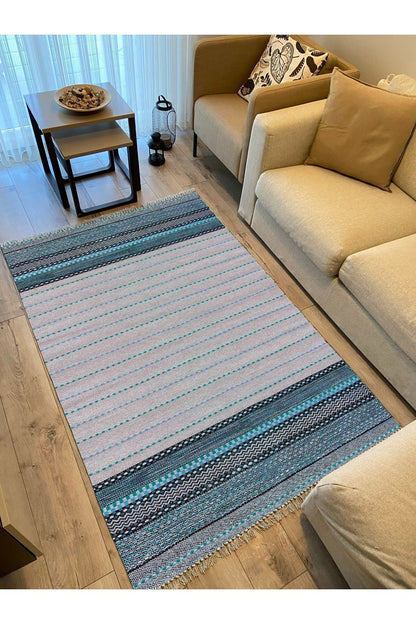 Cotton Kilim 52 Mavi Ve Gri Zeminli Geneleksel Motifler Modern Dekoratif Yıkanabilen Dokuma Kilim