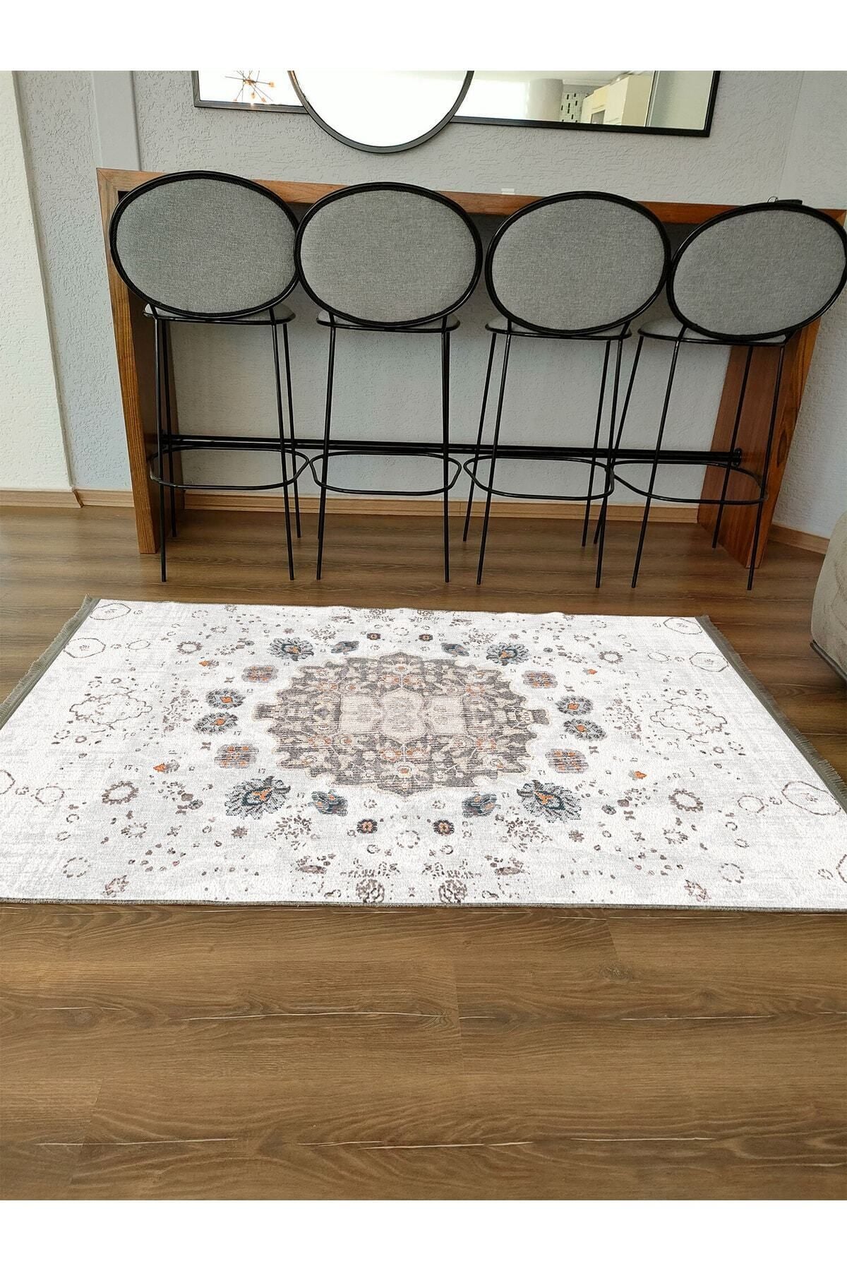 Halı Vagonu Serisi Gri Kahve Etnik Geometrik Desen Kaymaz Taban Şönil Halı