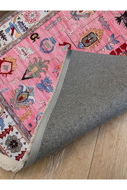 Halı Vagonu71 Fuşya Tonlarında Dekoratif Salon Halısı Klasik Halı Saçaklı Yıkanabilen Halı