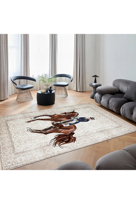 Halı Vagonu 171 Bej Vintage Binicilik At Figürlü Modern Dokuma Taban Halı