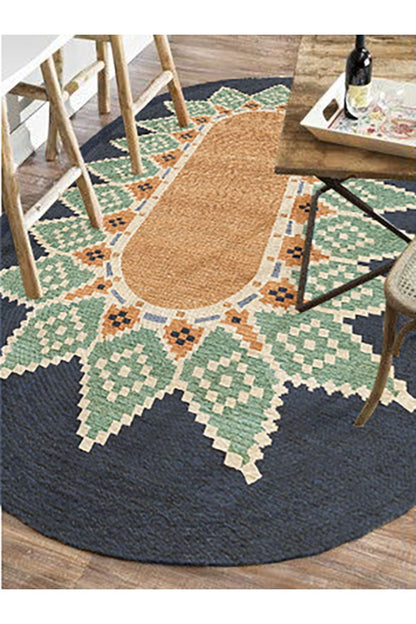 Boho 978 Jüt Hasır Etnik Desenli Oval Jüt Örme Doğal Hasır Natural Oval Halı