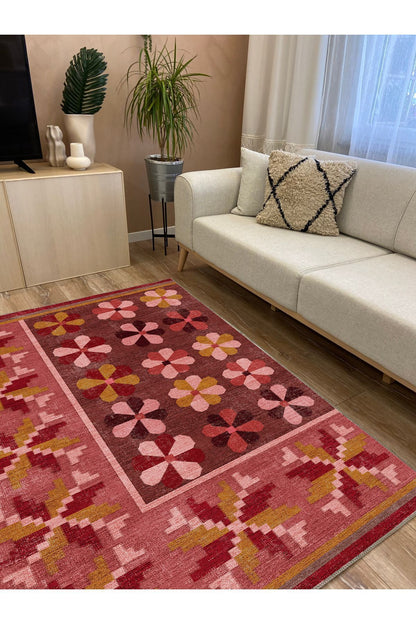 Halı Vagonu 108 Pastel Gül Kurusu Pembe Çiçekli Floral Dokuma Taban Salon Mutfak Halısı