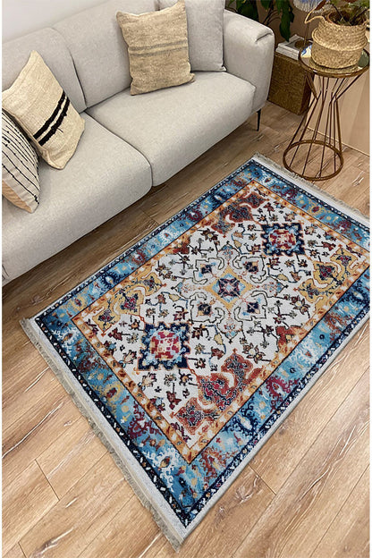 Halı Vagonu Halı 100 Mavi Tonlarında Klasık Dekoratif Halı Salon Halısı Saçaklı Yıkanabilen Halı