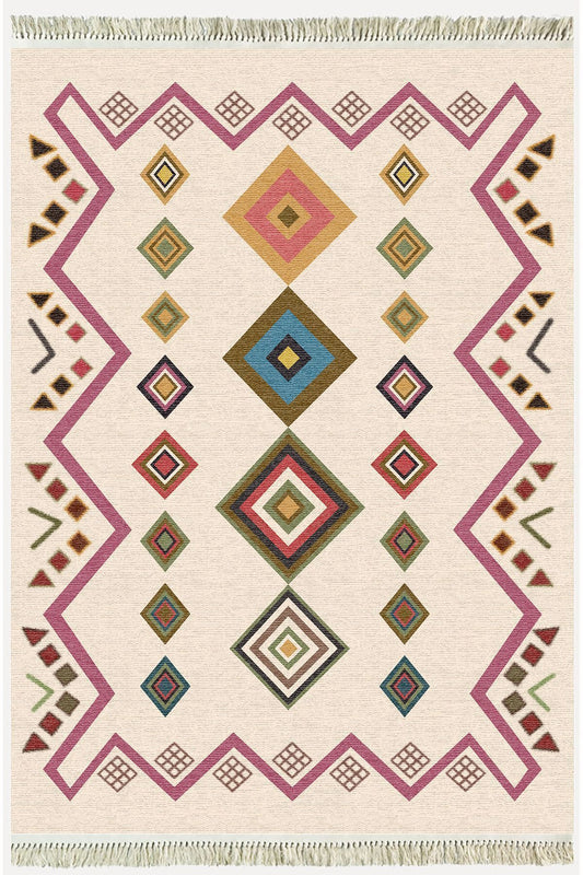 Cotton Serisi Krem Tonunda Geometrik Desenli Dekoratif Dokuma Taban Kilim