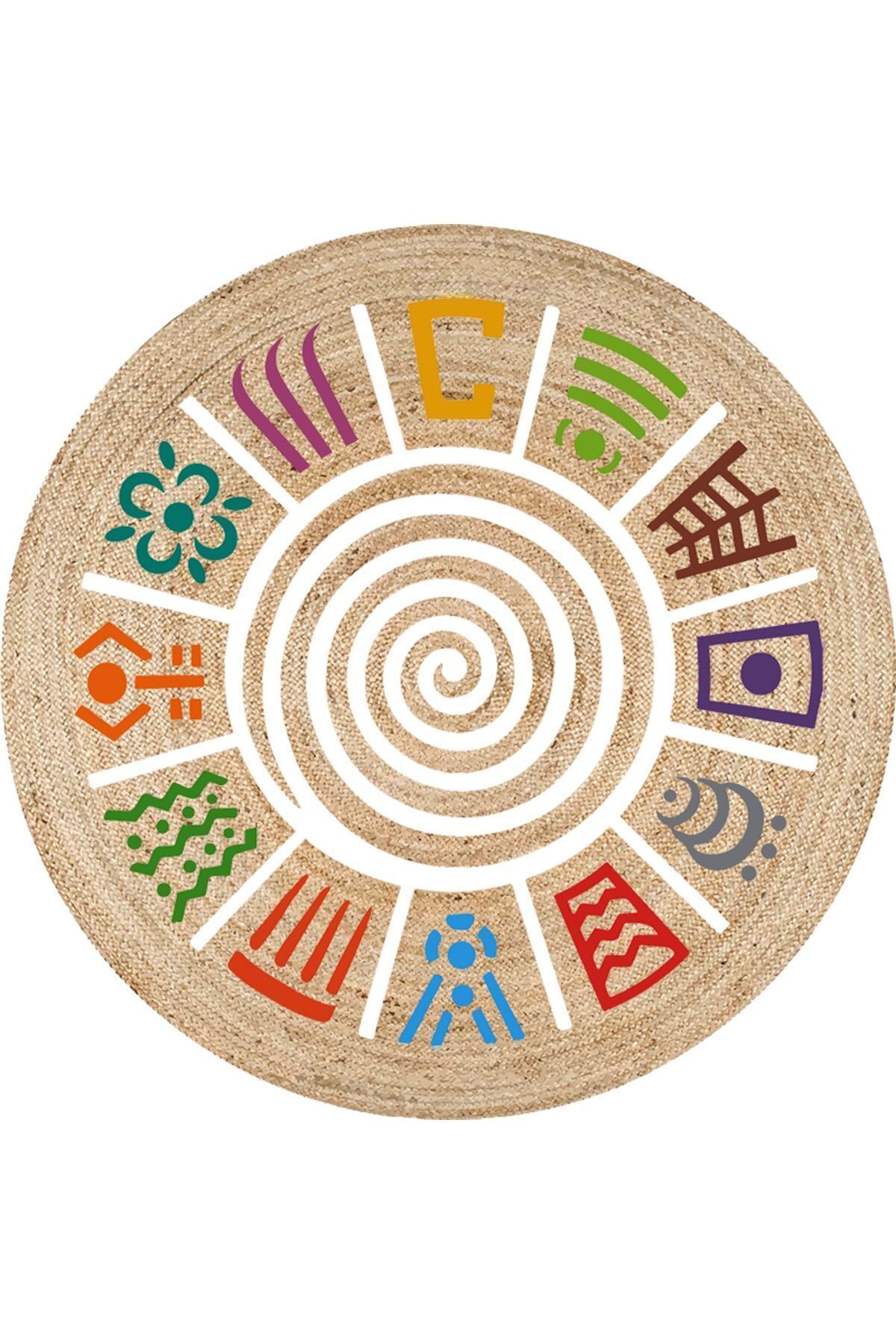 Boho 954 Multy Soyut Desenli Jüt Rengi Örgü Yuvarlak Natural Çift Taraflı Halı