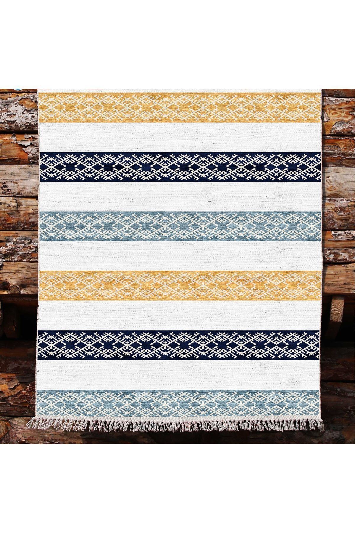Cotton Kilim 36 Mavi Renklı Modern Desenli Dekoratif Yıkanabilen Dokuma Taban Kilim