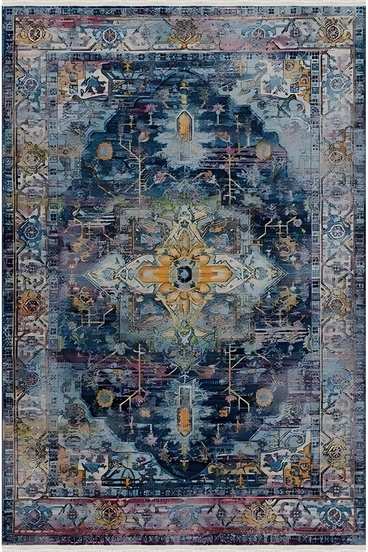 Halı Vagonu 65 Modern Stil Lacivert Tonda Salon Halısı Peluş Halı Saçaklı Yıkanabilen Halı