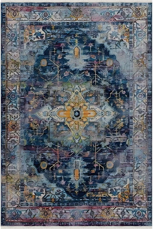 Halı Vagonu 65 Modern Stil Lacivert Tonda Salon Halısı Peluş Halı Saçaklı Yıkanabilen Halı