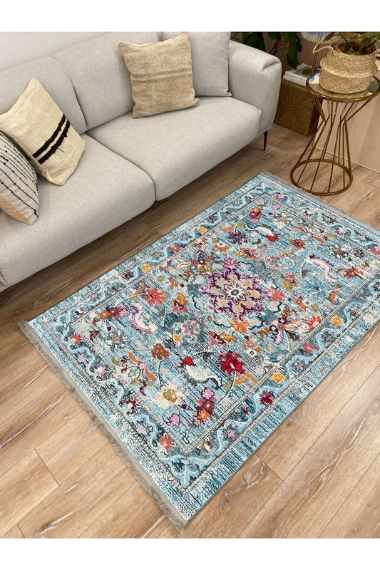 HV s 2165 Renkli Çiçek Desenli Yıkanabilir Kaymaz Tabanlı Salon Halısı, Koridor Ve Mutfak Halısı