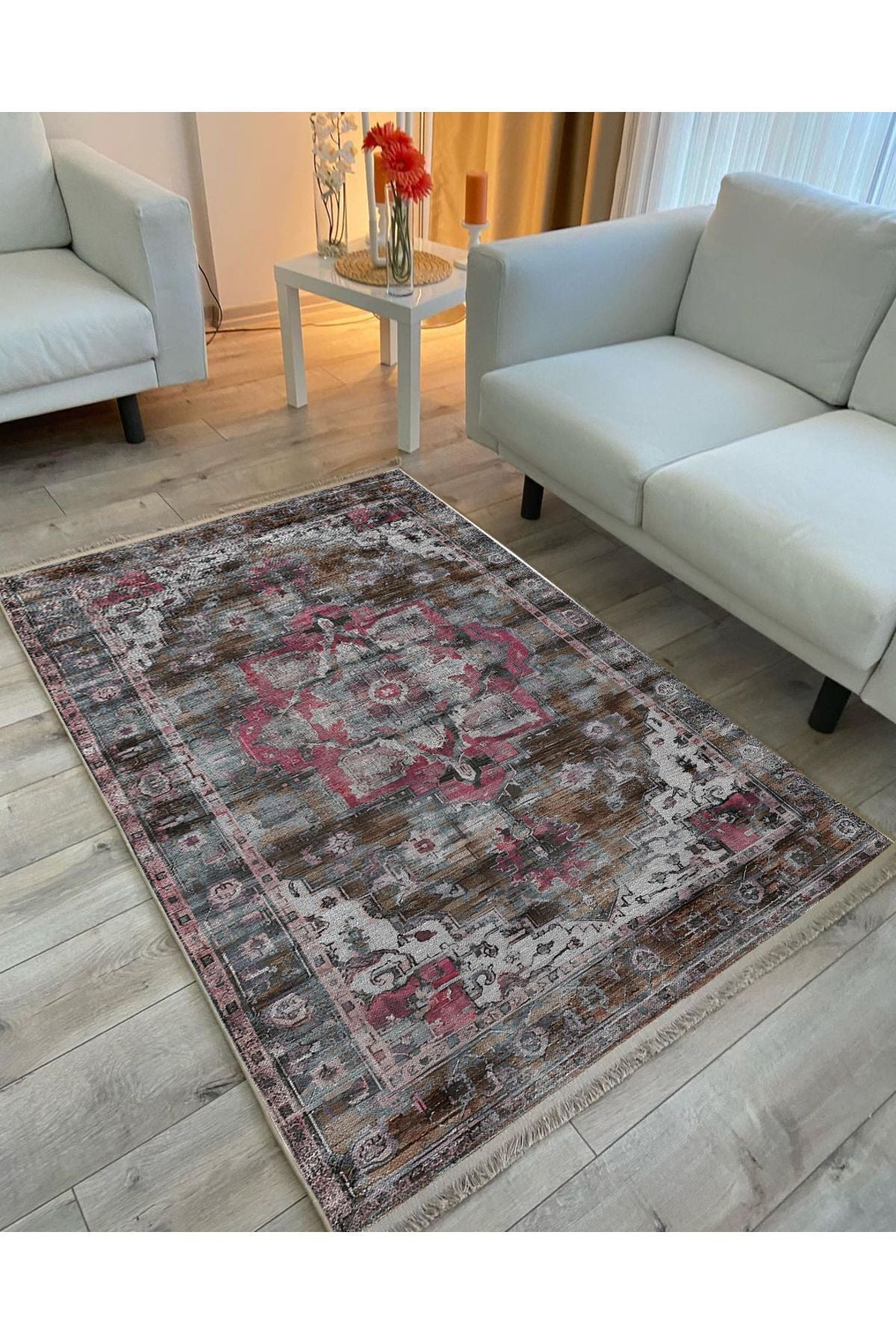 Halı Vagonu84 Etnik Desenli Yıkanabilir Kaymaz Tabanlı Salon Halısı, Koridor Ve Mutfak Halısı