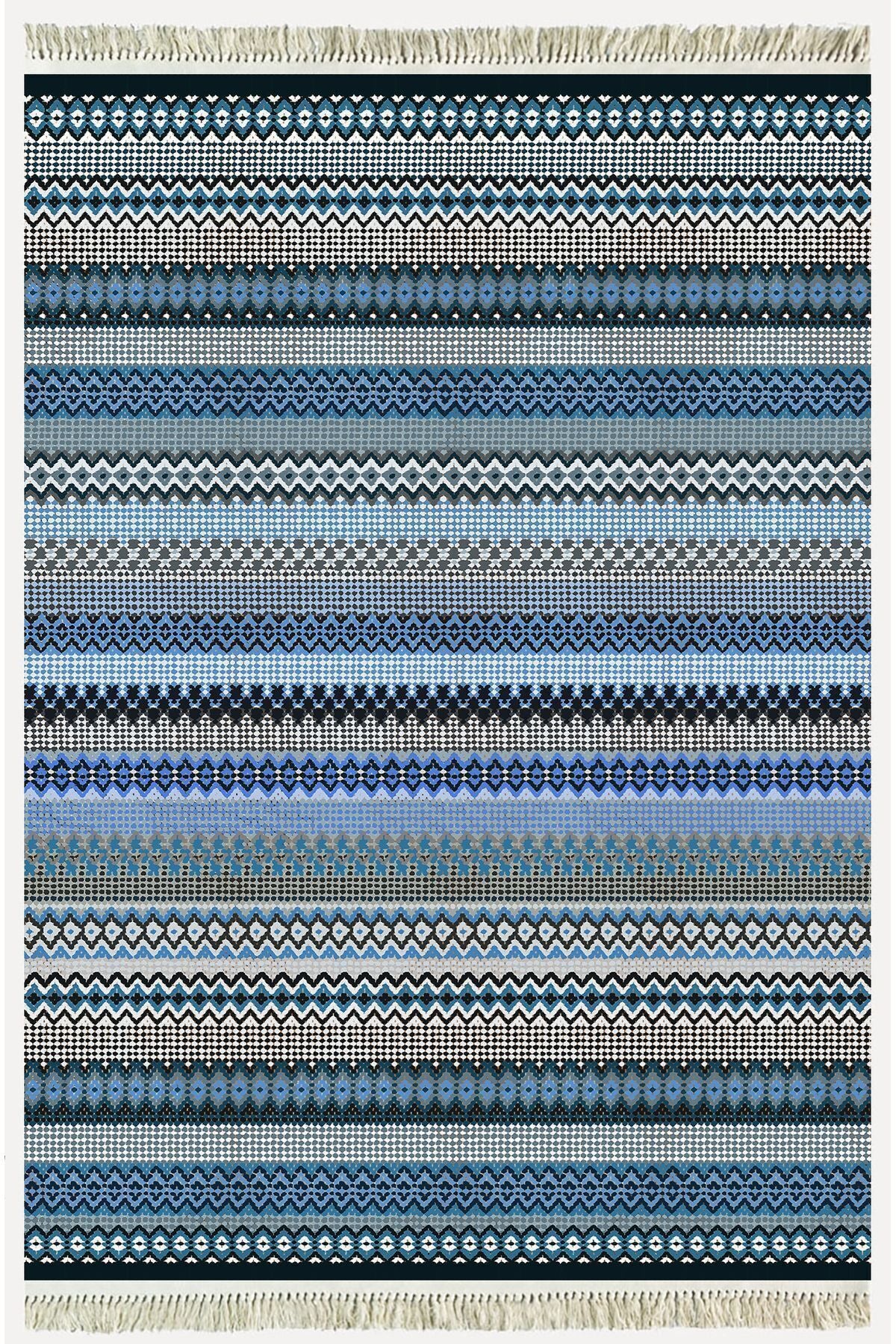 Cotton Kilim 6 Mavi Tonunda Geometrik Desenli Dekoratif Yıkanabilen Dokuma Taban Kilim