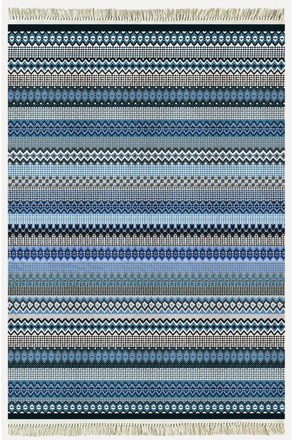 Cotton Kilim 6 Mavi Tonunda Geometrik Desenli Dekoratif Yıkanabilen Dokuma Taban Kilim