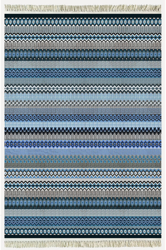Cotton Kilim 6 Mavi Tonunda Geometrik Desenli Dekoratif Yıkanabilen Dokuma Taban Kilim