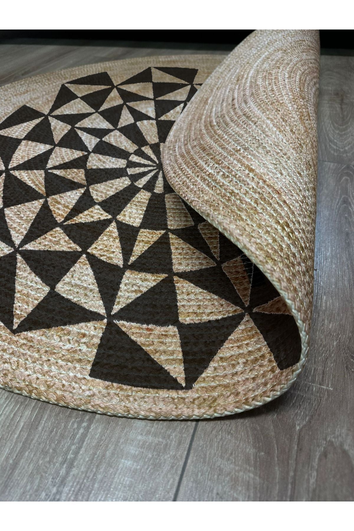Boho 915 Geometrik Desen Baskılı Örgü Yuvarlak Natural Çift Taraflı Halı