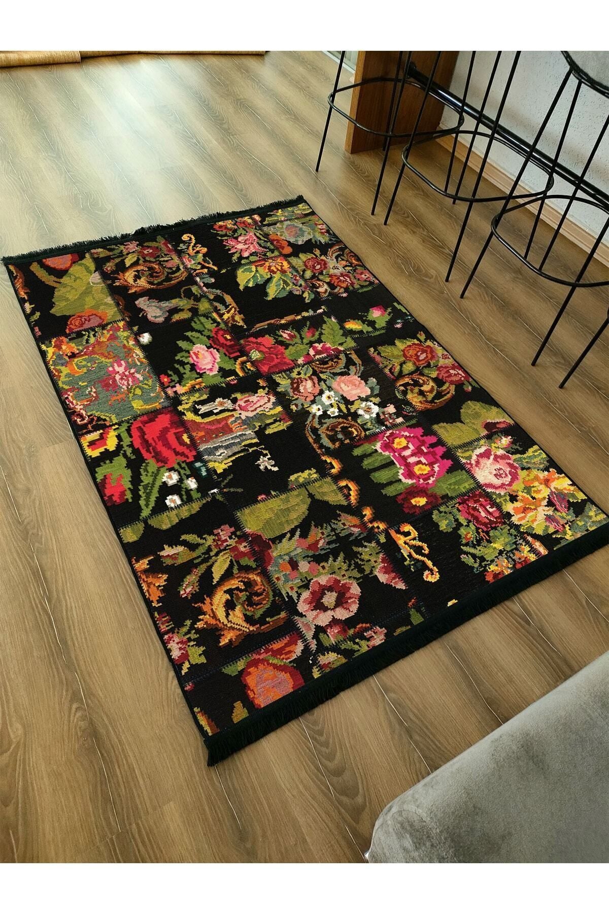Halı Vagonu Serisi Otantik Çiçekli Patchwork Desen Kaymaz Taban Şönil Halı