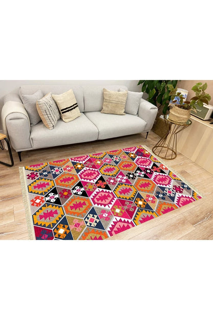 Cotton Serisi Pembe Ve Kahverengi Tonlarında Geometrik Desen Dekoratif Dokuma Taban Kilim