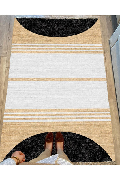 Cotton Serisi Hasır Görünümlü Siyah Beyaz Modern Desen Dekoratif Dokuma Taban Kilim