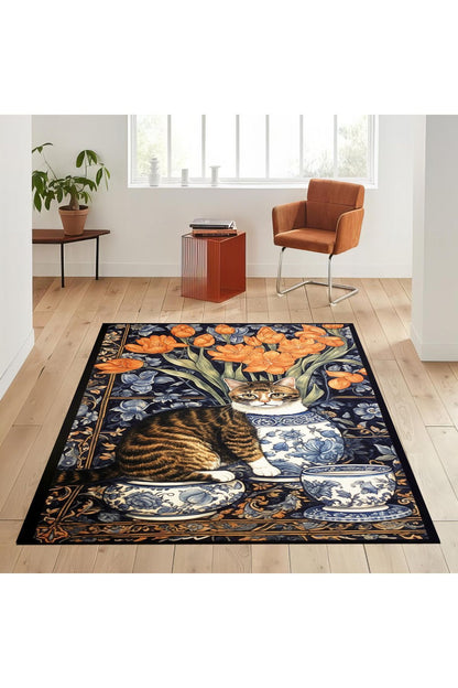 Halı Vagonu 160 Kedi ve Blue Blanc Tema Etnik Deseni Dokuma Taban Halı