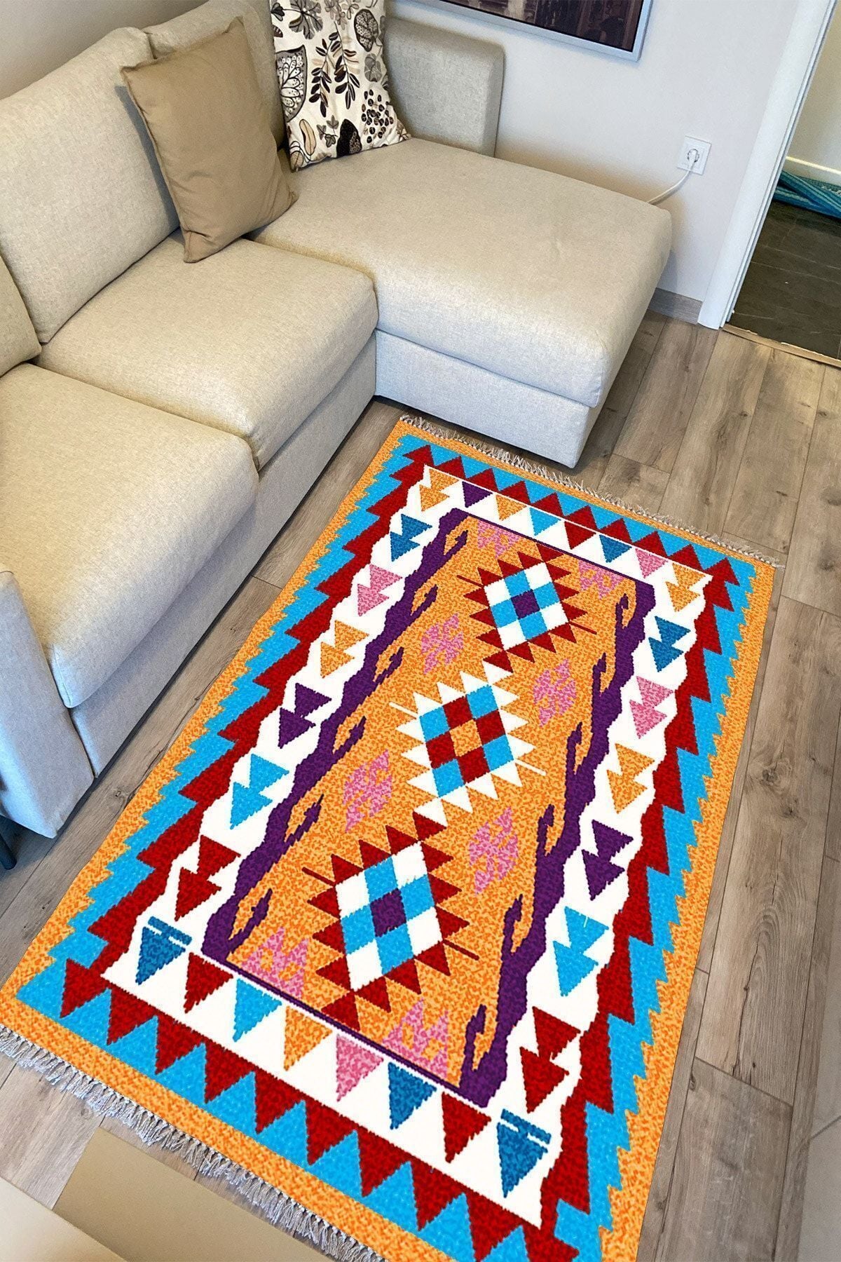 Cotton Serisi Multy Tonlarında Otantik Eskitme Geometrik Desen Dekoratif Dokuma Taban Kilim