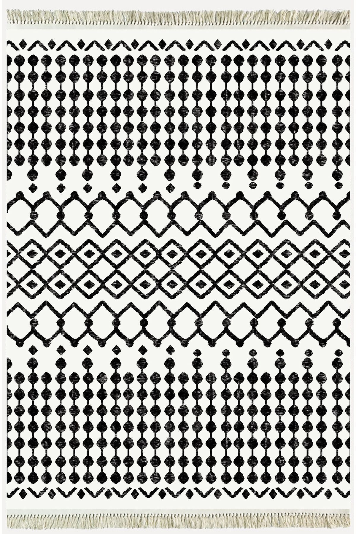 Cotton Kilim 65 Siyah Iskandinav Motifler Modern Dekoratif Saçaklı Yıkanabilen Dokuma Kilim