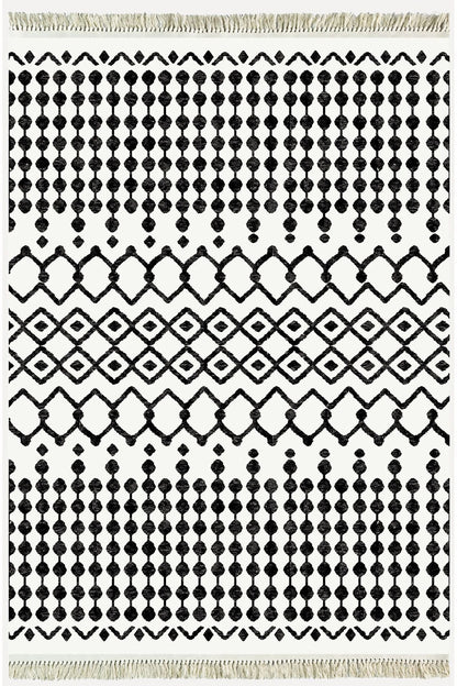 Cotton Kilim 65 Siyah Iskandinav Motifler Modern Dekoratif Saçaklı Yıkanabilen Dokuma Kilim