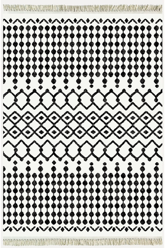 Cotton Kilim 65 Siyah Iskandinav Motifler Modern Dekoratif Saçaklı Yıkanabilen Dokuma Kilim