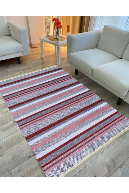 Cotton Serisi Hardal Tonlarında Geometrik Eskitme Desen Dekoratif Dokuma Taban Kilim