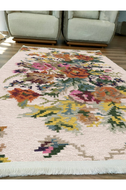 Halı Vagonu Serisi Multy Tonlarında Eskitme Çiçek Desen Kaymaz Taban Şönil Halı