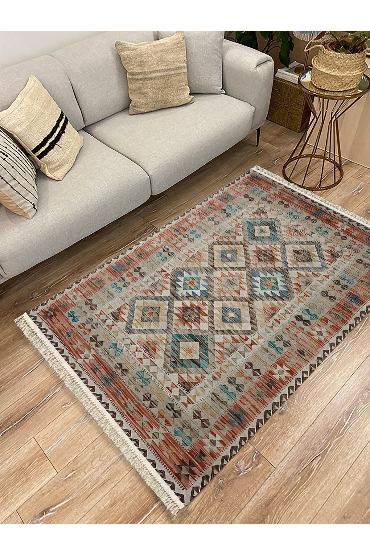 Cotton Kilim 7 Kahve Mavi Tonunda Geometrik Desenli Dekoratif Yıkanabilen Dokuma Taban Kilim