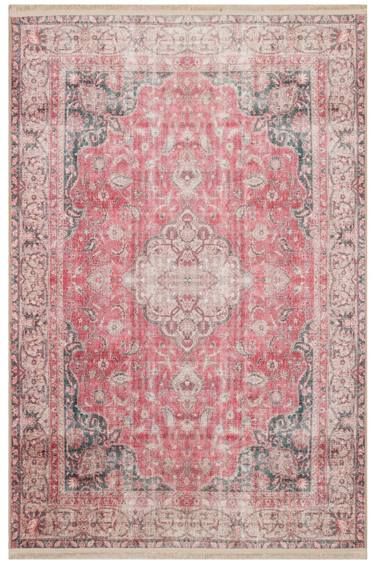 Halı Vagonu 2130 Kırmızı Gri Pastel Klasik Vintage Dokuma Taban Halı