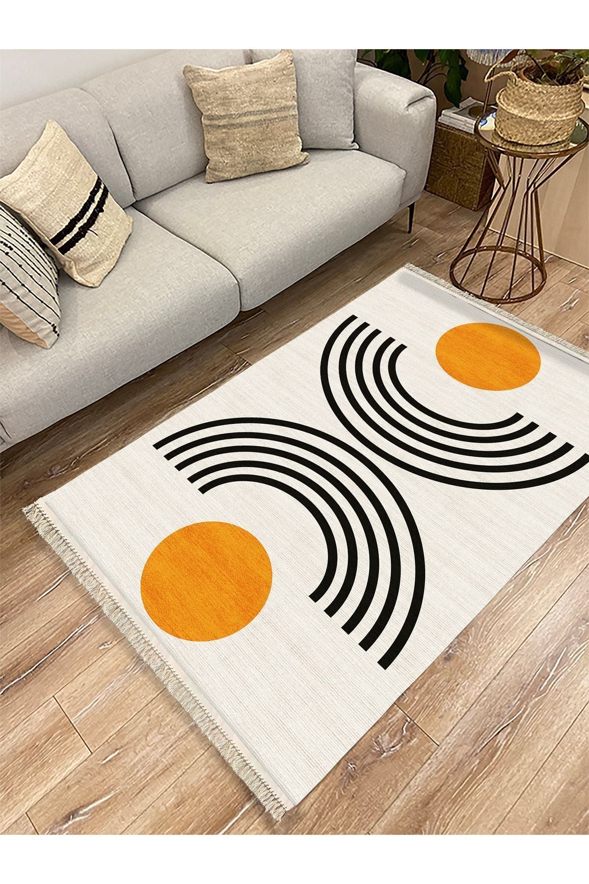 Cotton kilim Krem Tonunda Geometrik Desenli Dekoratif Yıkanabilen Dokuma Taban Kilim