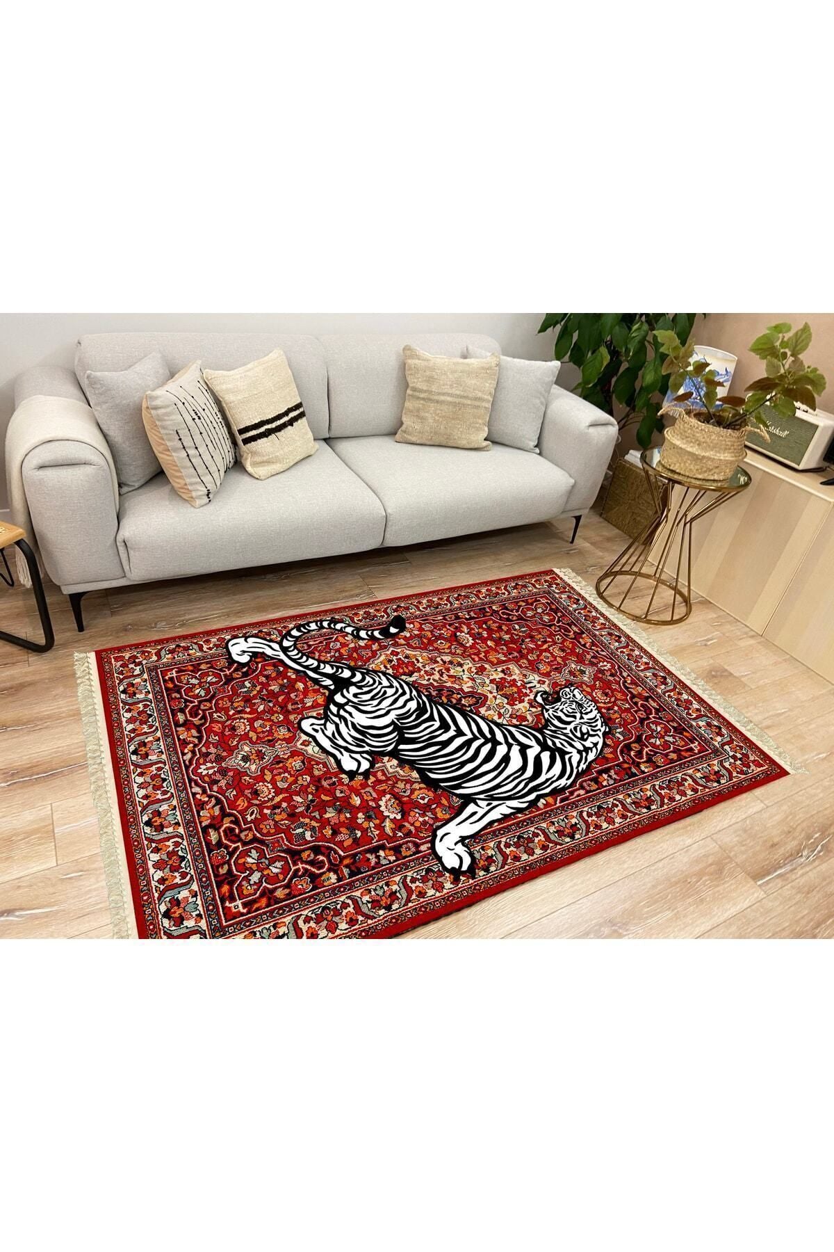 Halı Vagonu Serisi Kırmızı Tonlarında Kaplanlı Etnik Desen Kaymaz Taban Şönil Halı