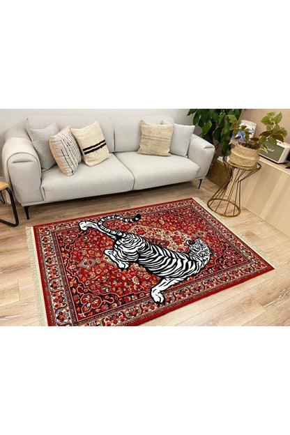 Halı Vagonu Serisi Kırmızı Tonlarında Kaplanlı Etnik Desen Kaymaz Taban Şönil Halı