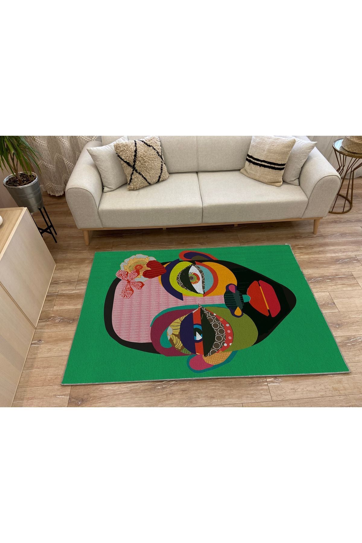 Halı Vagonu 4 Yeşil kadın silüetii  Pamuk  Dokuma Taban Halı