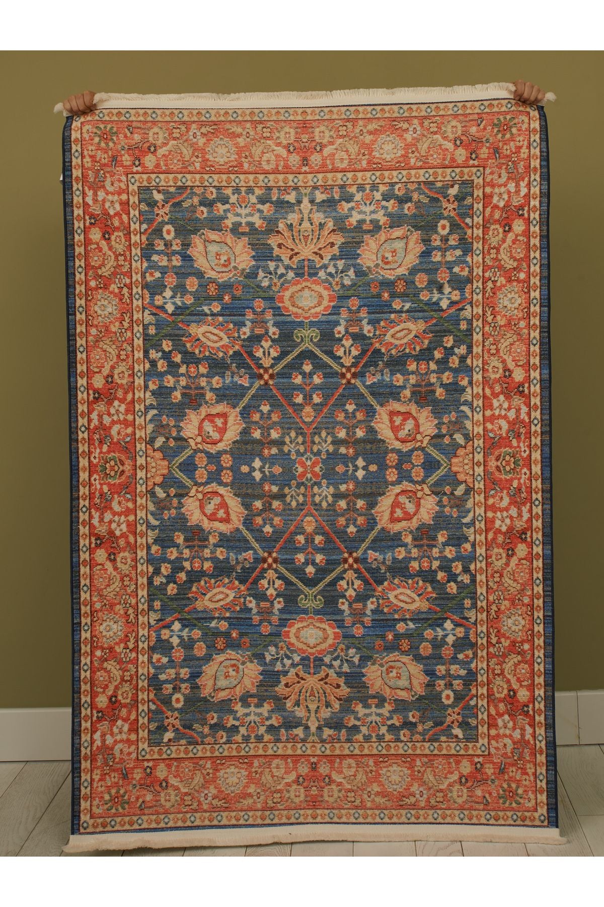 Halı Vagonu 2030 Pastel Lacivert Kiremit Çiçekli Retro Bohem Dokuma Taban Salon Halısı Mutfak Halısı