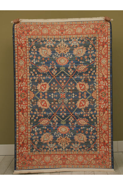 Halı Vagonu 2030 Pastel Lacivert Kiremit Çiçekli Retro Bohem Dokuma Taban Salon Halısı Mutfak Halısı