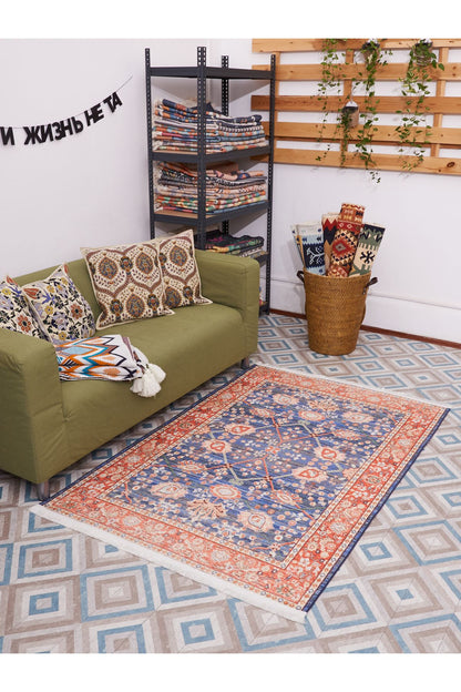 Halı Vagonu 2030 Pastel Lacivert Kiremit Çiçekli Retro Bohem Dokuma Taban Salon Halısı Mutfak Halısı