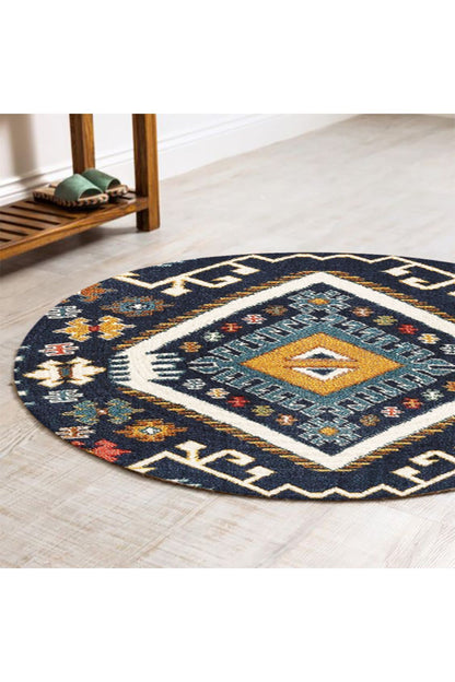 Boho 952 Lacivert Etnik Ve Geometrik Jüt Rengi Örgü Yuvarlak Natural Çift Taraflı Halı