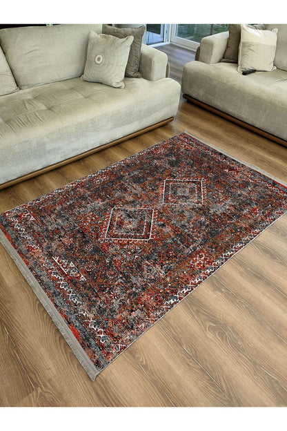 Mars 2157 Bordo Tonlarında Klasik Eskitme Desen Saçaklı Dekoratif Halı